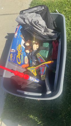 Free!! Slip & Slide, baby fish floaty and bin of kid toys