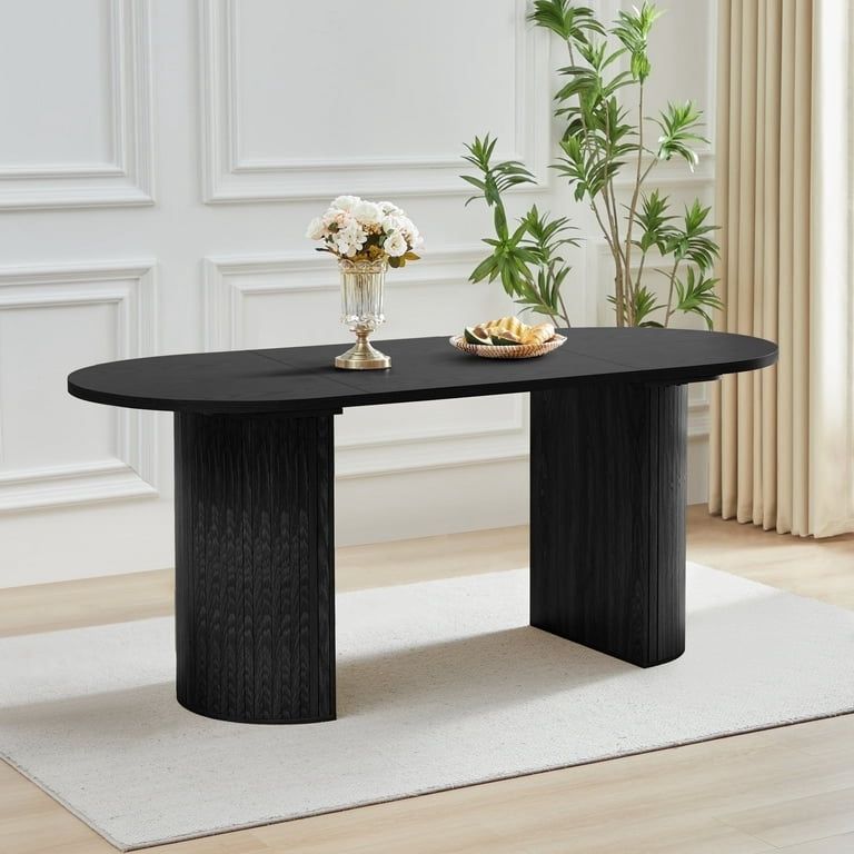 Modern Large Kitchen Dining Room Table with Wooden Strip Base for Rustic Farmhouse, Meeting Room Reception Room,Tightly(Black)
