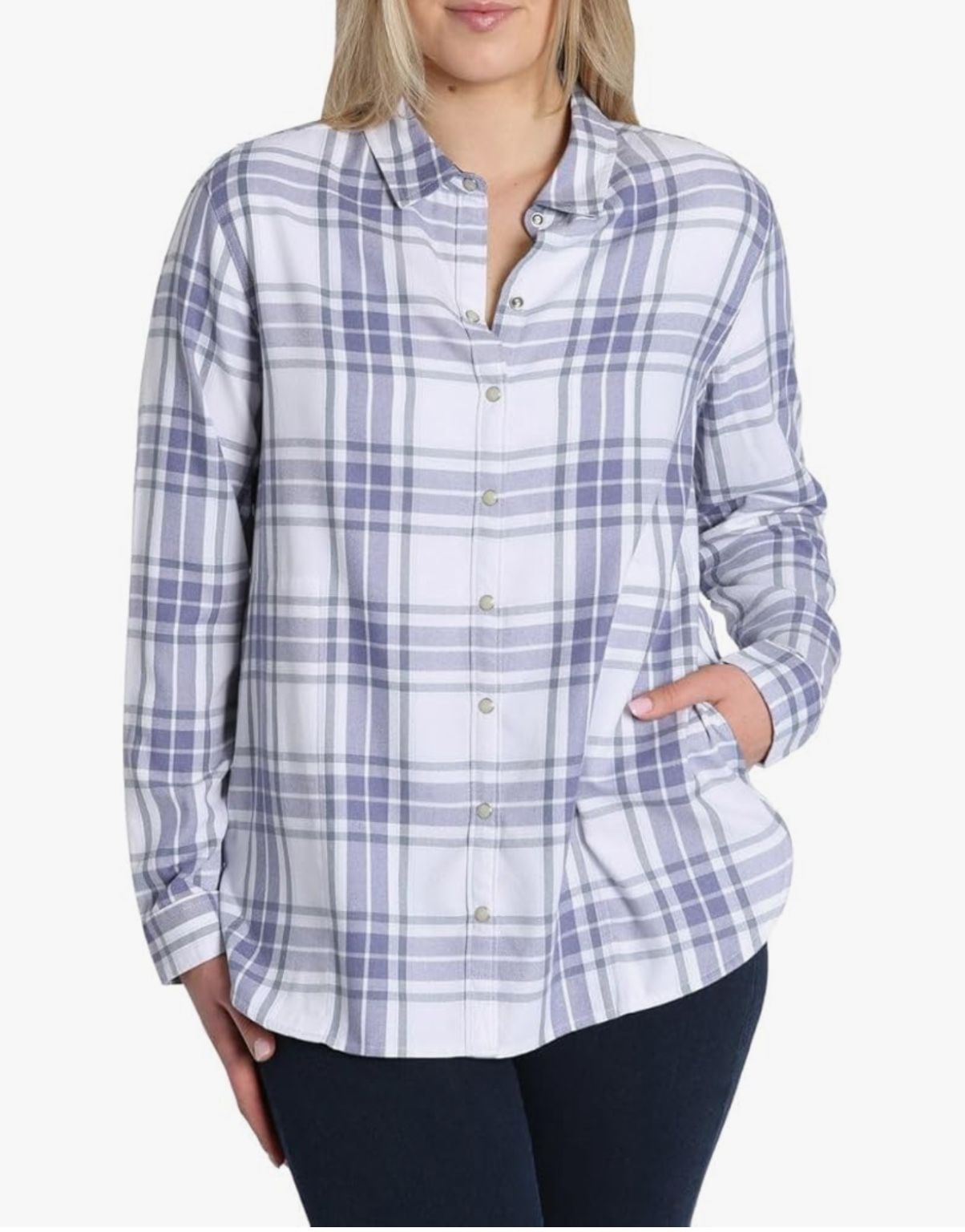 Jachs Girlfriend Women Plaid Button-Up Shirt Blue/White Long Sleeve Soft Flannel