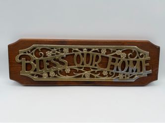 Vintage Bless Our Home Plaque Brass Toned Cast Metal On Solid Wood 17×5 1/4 In