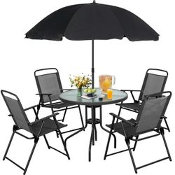 Walsunny 6 Piece Patio Furniture Set with Umbrella, Outdoor Patio Dining Set with 4 Folding Chairs and Tempered Glass Dining Table, Black