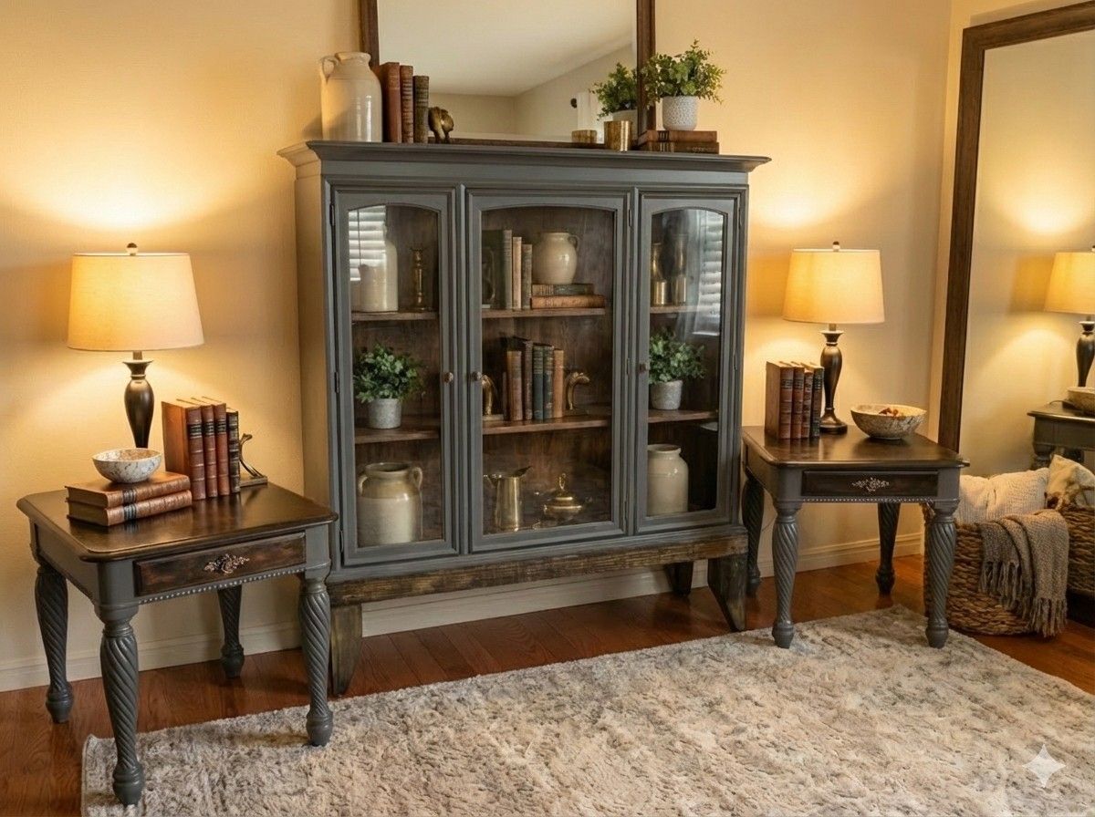 STUNNING One of a Kind Solid Wood Set – Display Cabinet & Matching End Tables – Refinished Farmhouse Style