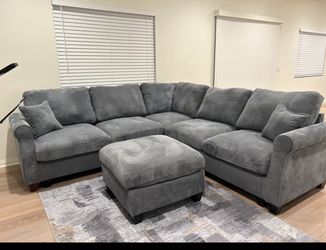 Gray Corduroy Sectional Sofa with Ottoman