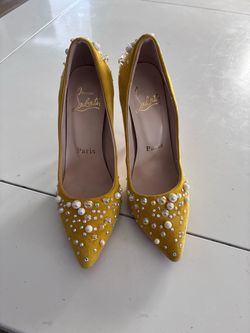 Christian Louboutin Yellow Suede Door Knock Studded Pointed Toe Pumps Size 37 Eu