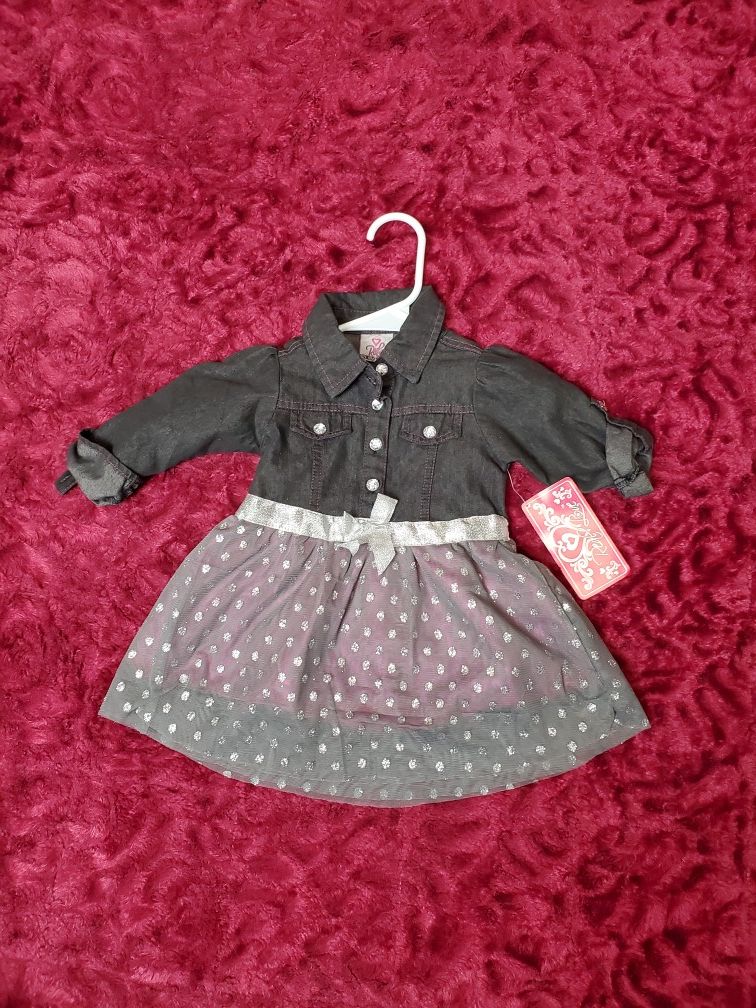 BABY GIRL DENIM & SILVER DRESS SPARKLY POLKA DOTS!