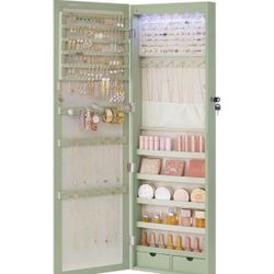 6 LEDs Mirror Jewelry Cabinet, 47.2-Inch Tall Lockable Wall or Door Mounted Jewelry Armoire Organizer with Mirror, 2 Drawers, Christmas Gi