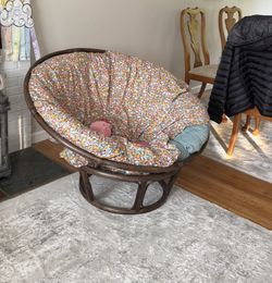 Large Rattan Papasan Chair with Floral Cushion