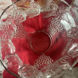 Vintage Anchor Hocking Clear Crystal Grape Design Punch Bowl Complete Set 26 Pcs