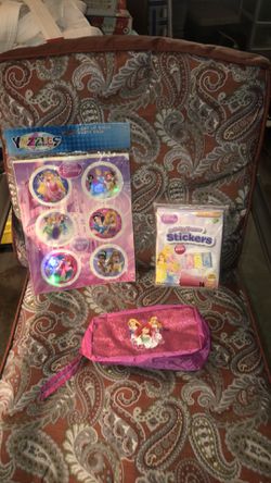 NEW Disney Princess items. A zipper bag/wristlet, light up blinking stickers, and activity topper stickers. Zoom up on pic for details