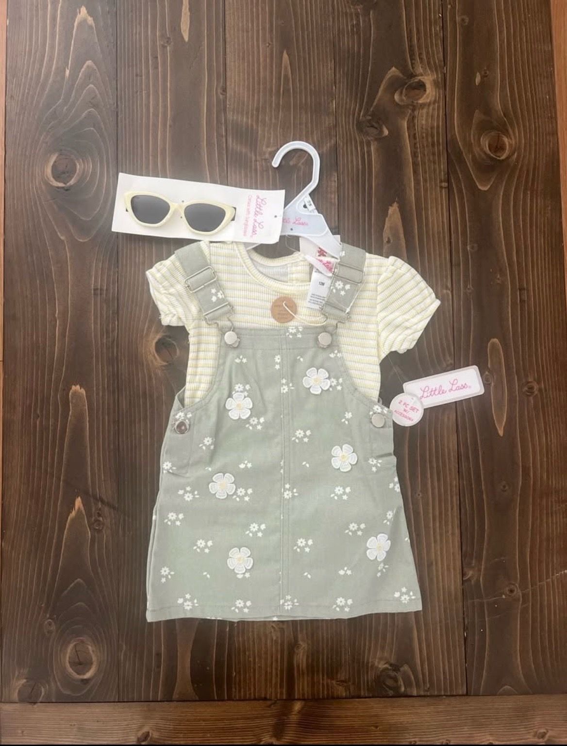 Little Lass Girls Set Sage Green Floral Jumper Dress Striped Shirt w/ Sunglasse
