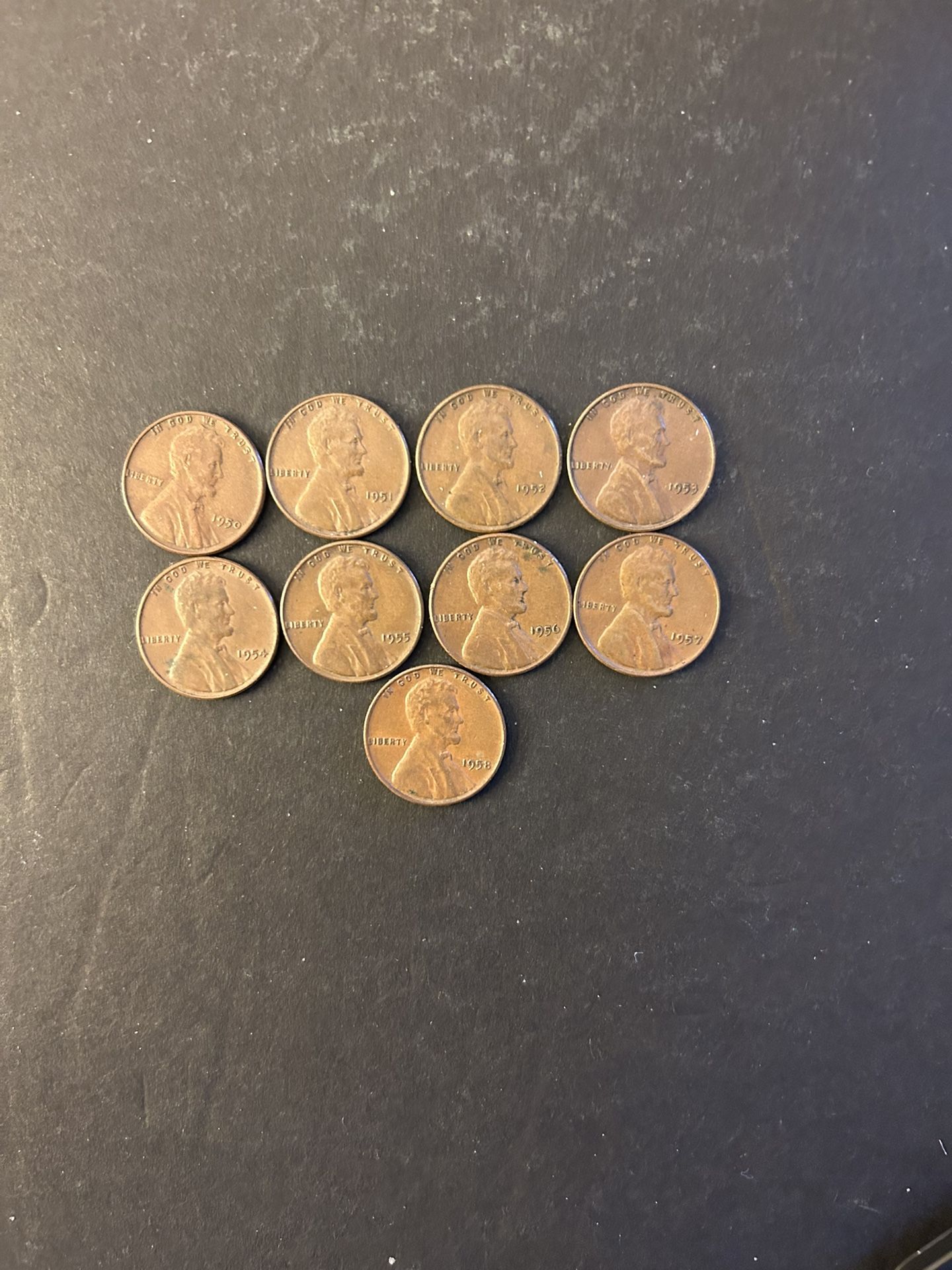 Coins – Lincoln pennies – 1950P/51P/52P/53P/54P/55P/56P/57P/58P - Total 9 Coins