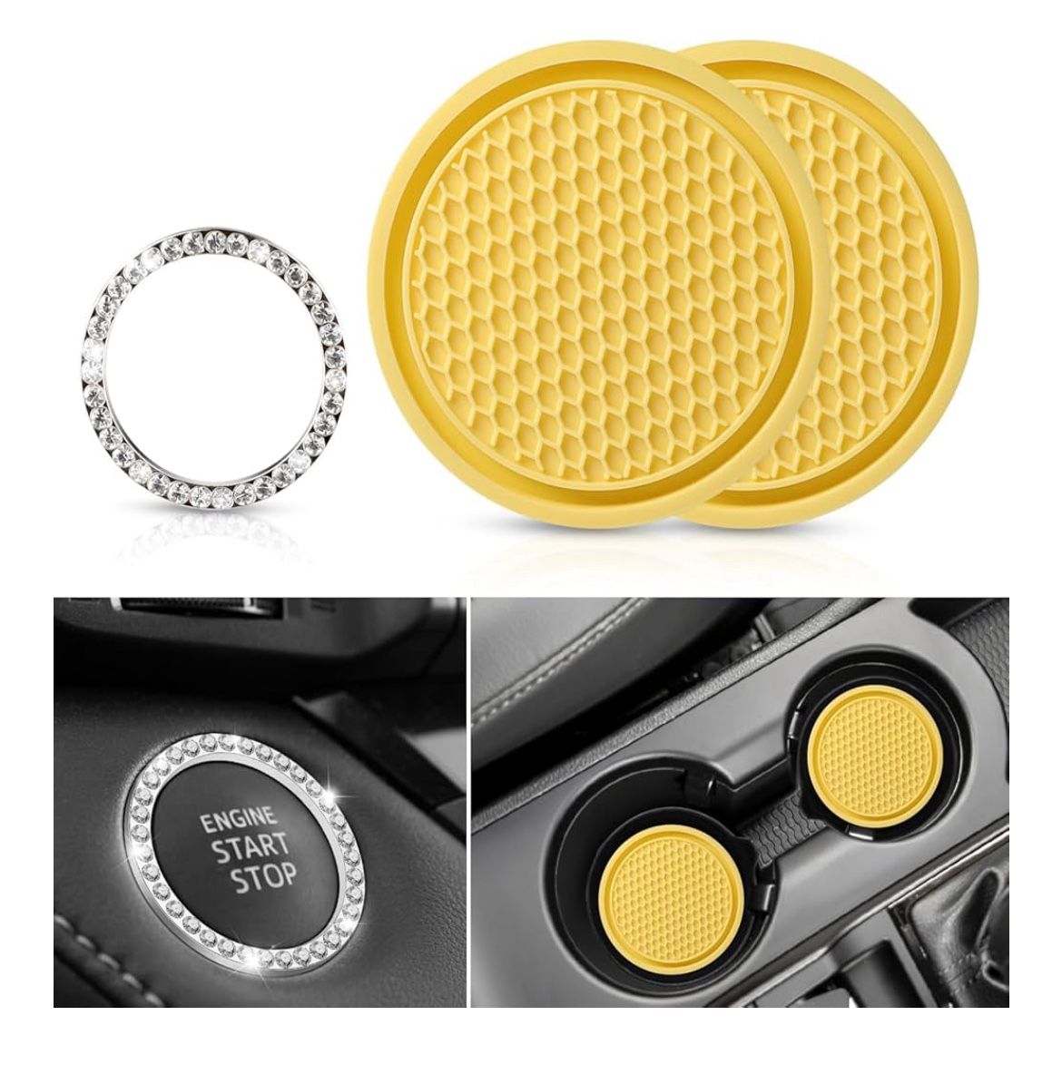 2 Car Cup Holder Coaster with 1 Push Start Button Bling [3Pcs], Bling Crystal Rhinestone Car Interior Accessories for Women (yellow)…