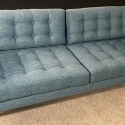Cudahy blue tufted sofa ex cond. as is pick up or deliver. 86"x34x31tall. 