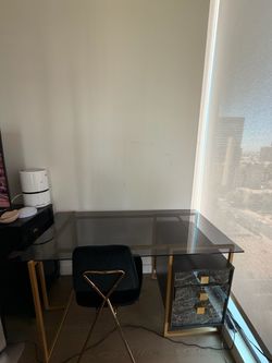 Glass Top Desk + velvet chair