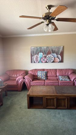 Pink Leather Sofa and Armchair Set
