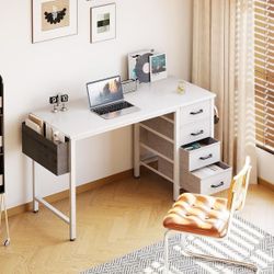 40-Inch Small Computer Desk with 4 Fabric Drawers — Home Office Desks with Storage, Writing Desk with Side Hook and Cloth Bag, Modern Study/Work Table