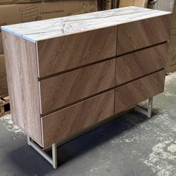 Modern 6-Drawer Bedroom Dresser with Faux Marble Top – Oak Wood, Mid Century Bedroom Chest, 5 LEFT!!