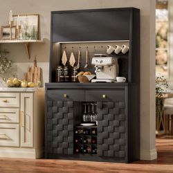 71" Modern LED Kitchen Cabinet with Charging Station, Pegboard & Stylish Flip-Up Door,Black