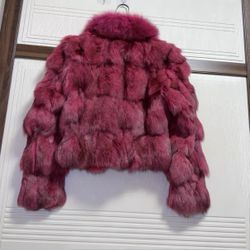 Magenta fur cropped jacket, plush shawl collar