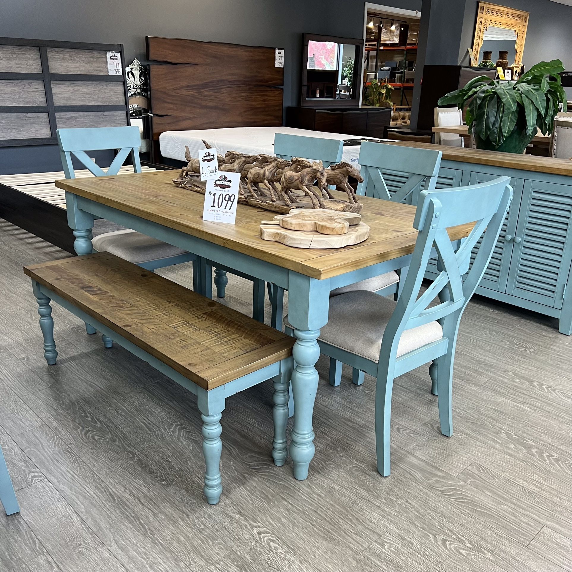 Light Blue Rectangle Wood Dining Set w 4 Chairs 1 Bench - French Blue