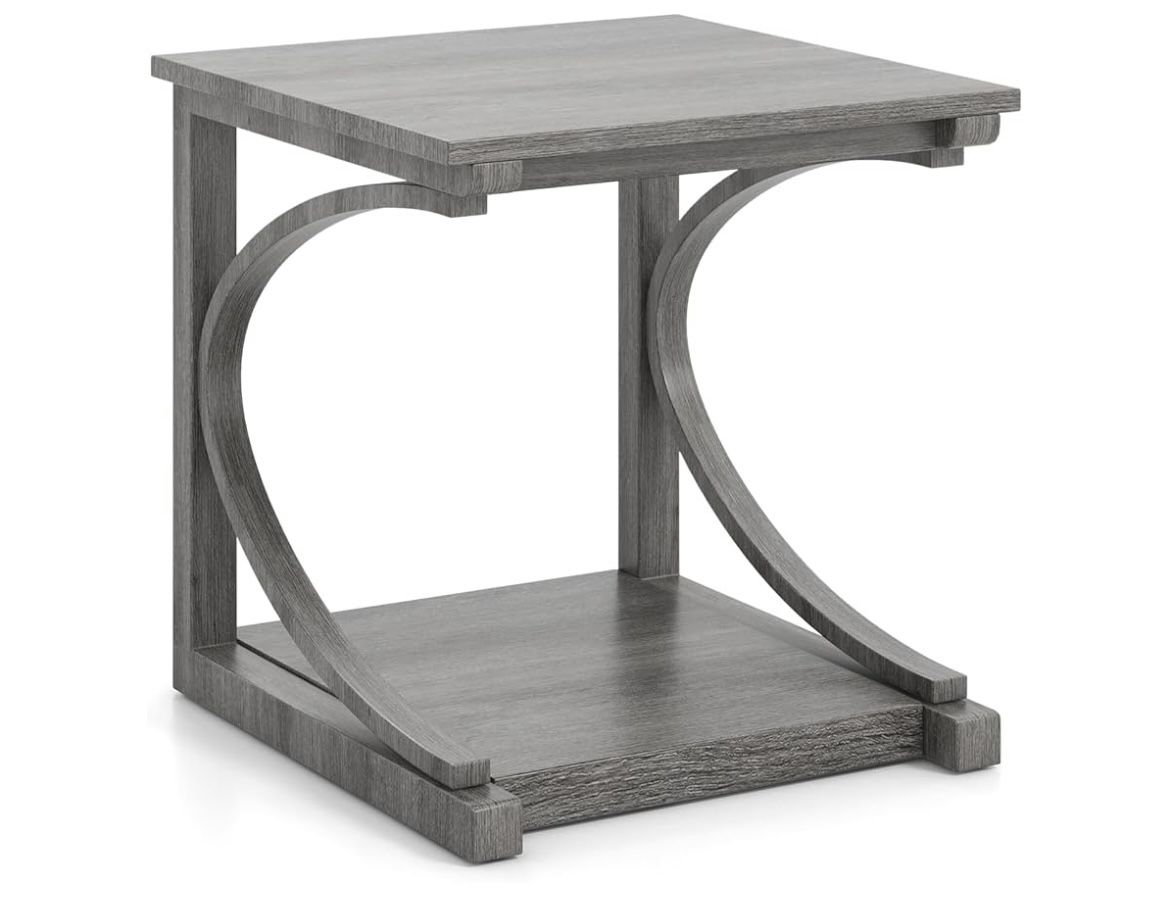 Assembled New C-Shaped End Table 24" Square Couch Table w/ Bottom Storage Shelf & Solid Rubber Wood
