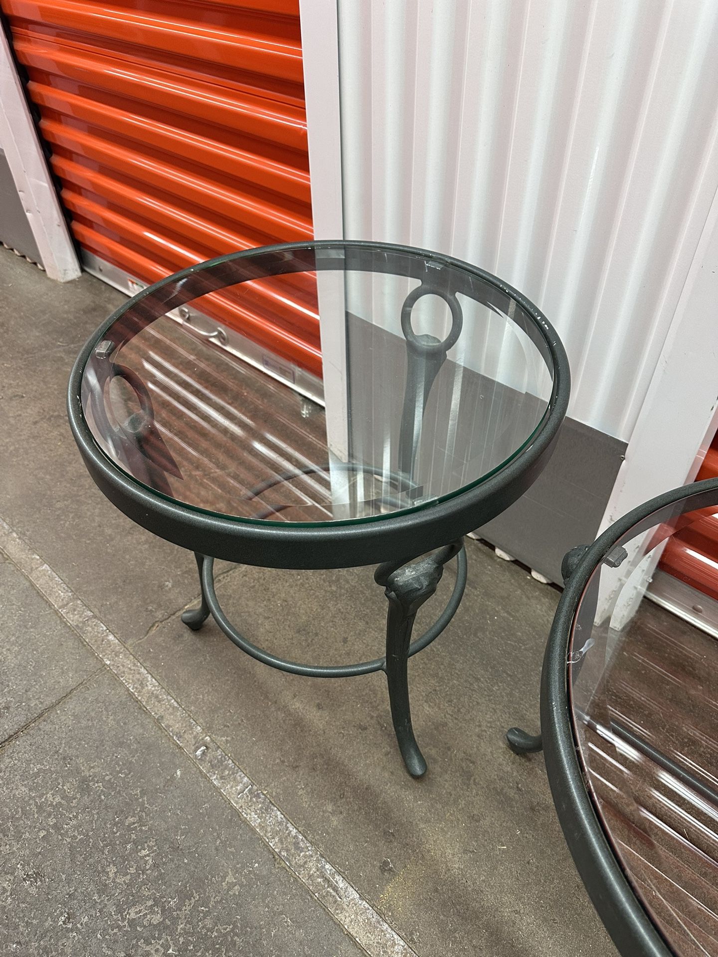Small Rustic  Round  Metal Side Table With Glass Top