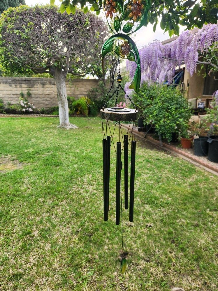 37" H, Farmhouse Solar Hummingbird Metal Wind Chimes, Garden Decor