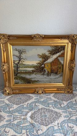 Framed Needlepoint Winter Landscape Art