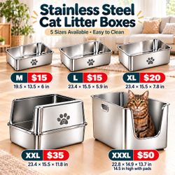 Stainless Steel Cat Litter Boxes β M to XXXL | Open Top & High Sided Styles