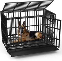 38 inch Heavy Duty Indestructible Dog Crate, Escape Proof Dog Cage Kennel with Lockable Wheels,High Anxiety Double Door Dog Crate,Extra Large Crate In