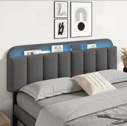 King Headboard Only with LED Light & Storage, Adjustable Headboard Dark Gray