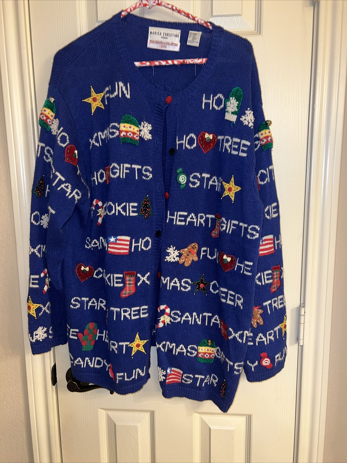 VTG Marisa Christina Christmas Words Ugly Sweater Knit Cardigan 1998 Blue 2x