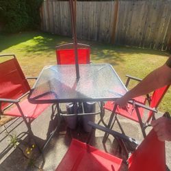 Outdoor Table With Chairs, Weights & Umbrella