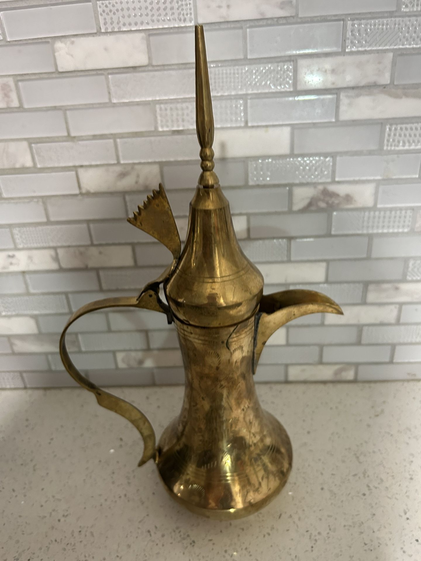 Vintage brass, Arabic, Middle Eastern, decorative etched coffee pot