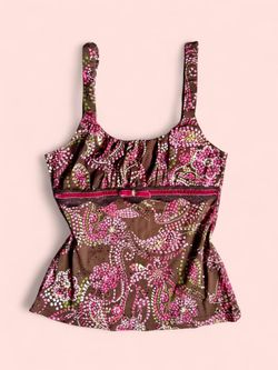 Y2K Self-Esteem Pink & Brown Mesh Tank Top with Paisley/Floral Print & Sequins ~ Size Small