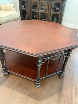 $275 Coffee Table wood and metal hexagon shape.