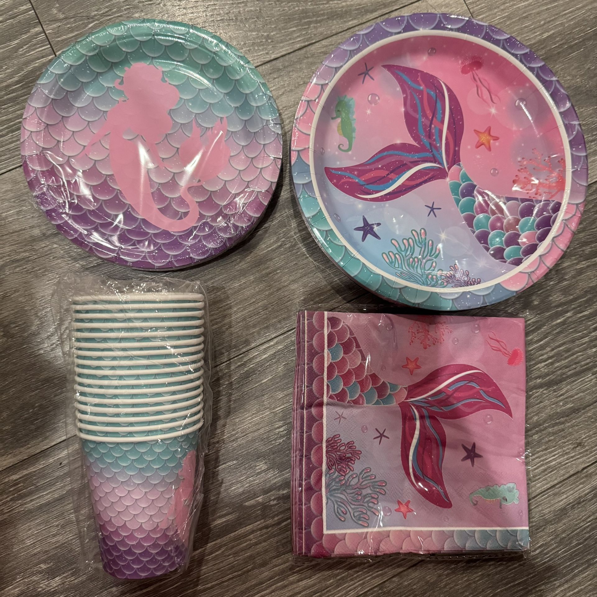 Mermaid Birthday Decorations Include Plates, Napkins, Cups, Cutlery, Banner & Table cover and Foil Balloons for Mermaid Party Decorations, Serve 16