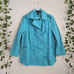 Vintage Venezia Womens 18/20 Blue Double Breasted Trench Coat Mid Length Stretch 