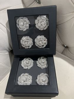 Tahari Home Silver Rhinestone Flower Set of 8 Round Metal Napkin