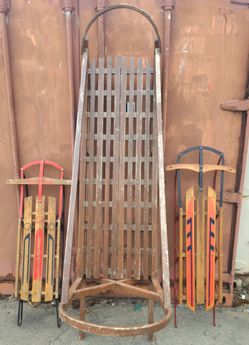 Set of 3 Sleigh: 2 FastTrak Torpedo and 1 Big Tobogan Sleigh, all wood in VG condition