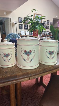 Hand painted ceramic canister set by Noel Pie Late Co.