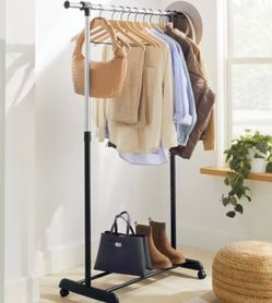 Black Steel Frame Adjustable Single Rod Garment Rack
