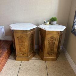 Vintage Pair Of Hexagonal Pedestal/accent/Side tables With Marble Tops 