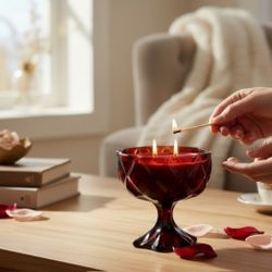 4" Faceted Coup Haunt Couture Glass Red Wax Filled 2-Wick Candle Goblet/Chalice. This object is a Faceted Coup Haunt Couture Glass Filled Red Wax Cand