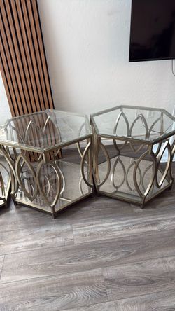 Gold Hexagonal Glass Top End Tables Set of 2