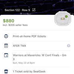 (1) Awesome Single Ticket Section 122 GS Warriors @ Dallas Mavericks Game 3 Sunday