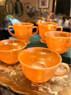 Vintage Fire-King Peach Lustre "Laurel" Creamer, Sugar, and Cup Set
