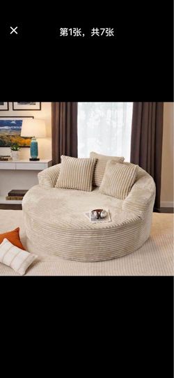 Modern Wide Square Arm Plush Corduroy Round Single Sofa Chair Lounge Chaise Sleeper Bed with Pillows in Beige  MIUMIU240-W，W4-2