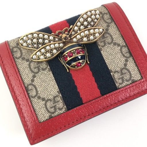 Gucci
GG Supreme Monogram Canvas and Red Calfskin Margaret Bee Card Case Wallet 