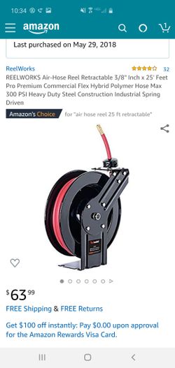 REELWORKS Air-Hose Reel Retractable 3/8" Inch x 25' Feet Pro Premium Commercial Flex Hybrid Polymer Hose Max 300 PSI Heavy Duty Steel